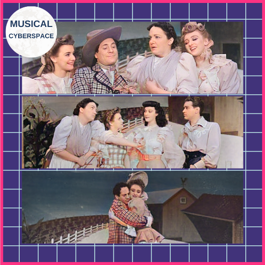 The original Broadway cast of OKLAHOMA! featuring, Joan Roberts as Laurey, Joseph Buloff as Ali Hakim, Betty Garde as Aunt Eller, Celeste Holm as Ado Annie, Jane Lawrence Smith as Gertie and Alfred Drake as Curly